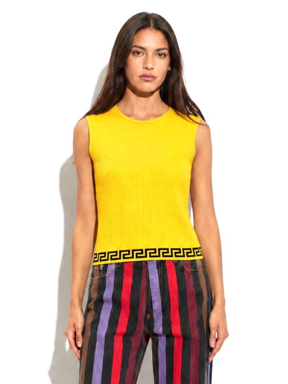 VERSACE Greek Key Signature Logo Ribbed Classic Tank Top Sleeveless Shirt